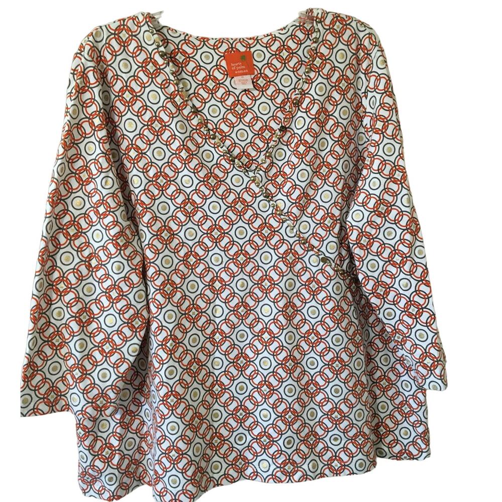 Hearts of Palm Woman 1X Faux Wrap Coral Gold & Brown 3/4 Sleeve V-neck Top